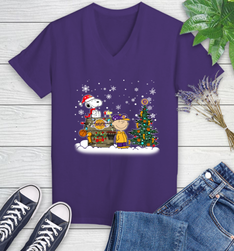 Los Angeles Lakers NBA Basketball Christmas The Peanuts Movie Snoopy Championship Women's V-Neck T-Shirt 3