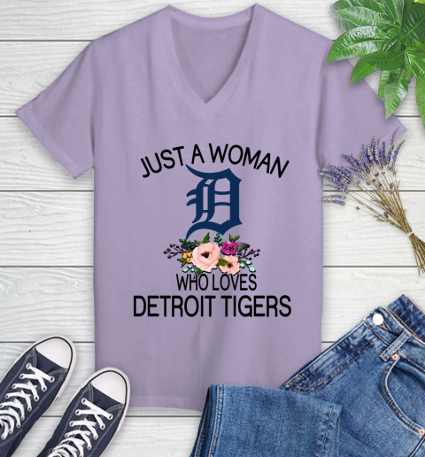 MLB Just A Woman Who Loves Detroit Tigers Baseball Sports Women's V-Neck T-Shirt 9