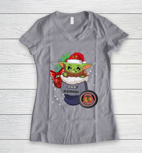 Chicago Blackhawks Christmas Baby Yoda Star Wars Funny Happy NHL Women's V-Neck T-Shirt 4