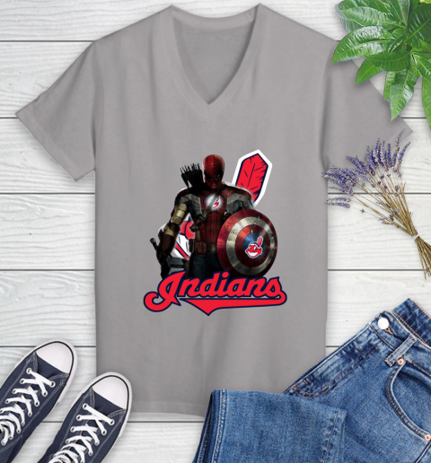 MLB Captain America Thor Spider Man Hawkeye Avengers Endgame Baseball Cleveland Indians Women's V-Neck T-Shirt 4