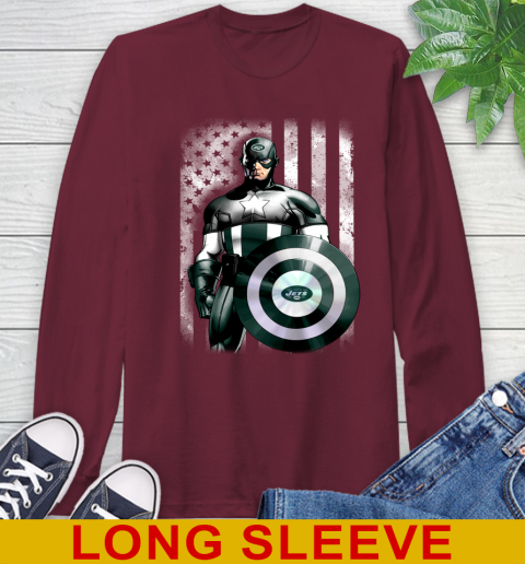 New York Jets NFL Football Captain America Marvel Avengers American Flag Shirt Long Sleeve T Shirt Tee For Sports