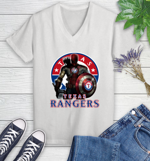 MLB Captain America Thor Spider Man Hawkeye Avengers Endgame Baseball Texas Rangers Women's V-Neck T-Shirt