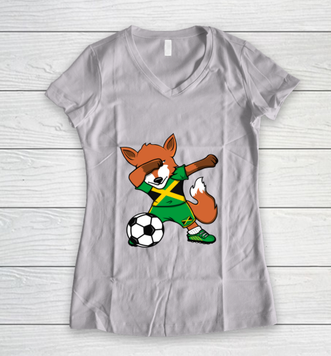 Dabbing Fox Jamaica Soccer Fans Jersey Jamaican Football Fan Women's V-Neck T-Shirt 2