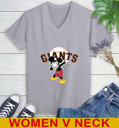 San Francisco Giants MLB Baseball Dabbing Mickey Disney Sports Women's V-Neck T-Shirt 5
