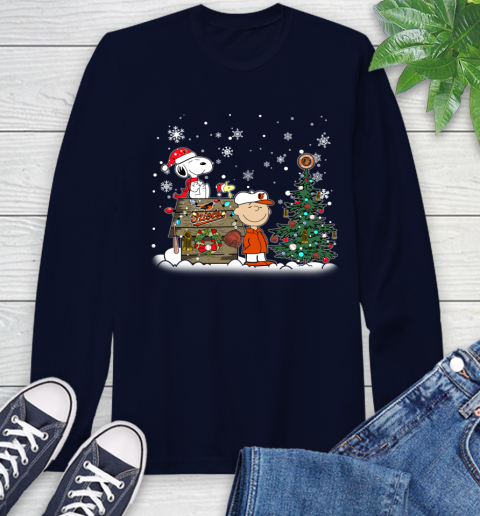 MLB Baltimore Orioles Snoopy Charlie Brown Christmas Baseball Commissioner's Trophy Long Sleeve T-Shirt 3