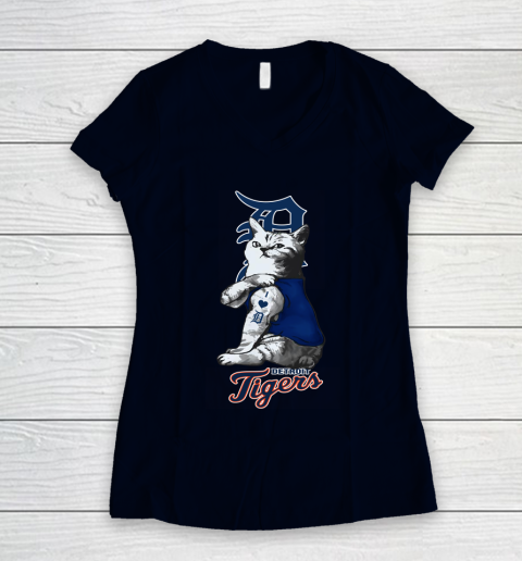 MLB Baseball My Cat Loves Detroit Tigers Women's V-Neck T-Shirt 2