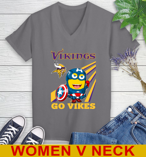 NFL Football Minnesota Vikings Captain America Marvel Avengers Minion Shirt Women's V-Neck T-Shirt 11