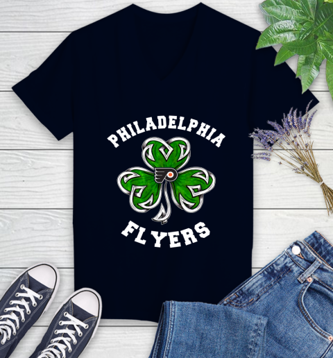 NHL Philadelphia Flyers Three Leaf Clover St Patrick s Day Hockey Sports Women s V Neck T Shirt