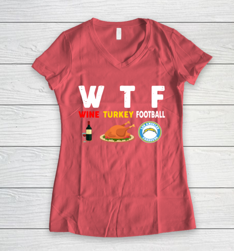 Los Angeles Chargers Giving Day WTF Wine Turkey Football NFL Women's V-Neck T-Shirt 4
