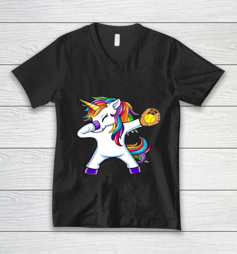 Dabbing Unicorn Softball T Shirt Funny Dab Gift V-Neck T-Shirt