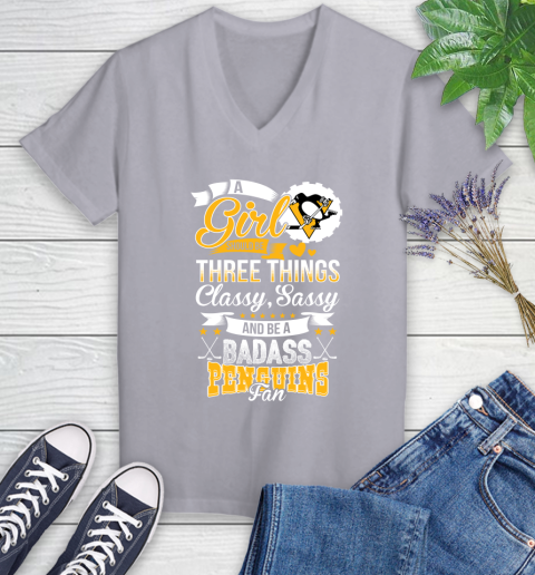 Pittsburgh Penguins NHL Hockey A Girl Should Be Three Things Classy Sassy And A Be Badass Fan Women's V-Neck T-Shirt 4