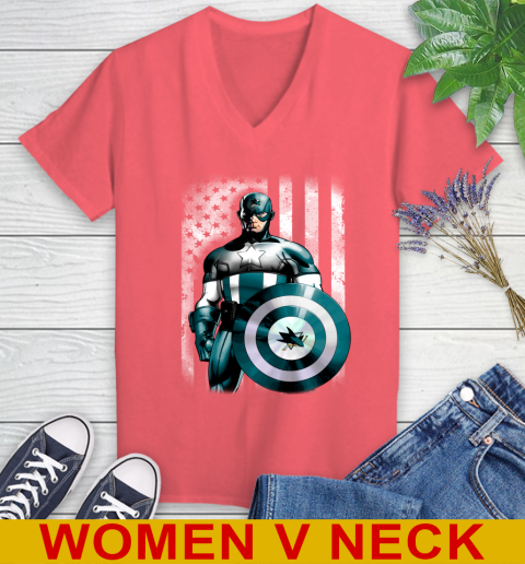 San Jose Sharks NHL Hockey Captain America Marvel Avengers American Flag Shirt Women's V-Neck T-Shirt 6