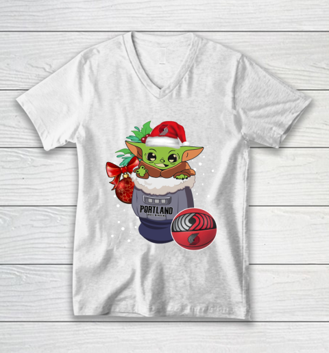 Portland Trail Blazers Christmas Baby Yoda Star Wars Funny Happy NBA V-Neck T-Shirt 2