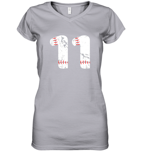 rp4f number 11 baseball vintage distressed team women v neck t shirt 39 front sport grey