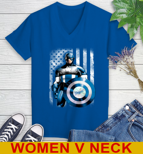 Los Angeles Dodgers MLB Baseball Captain America Marvel Avengers American Flag Shirt Women's V-Neck T-Shirt 9