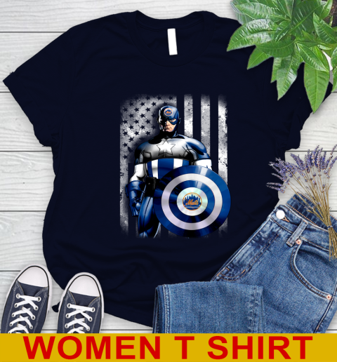 New York Mets MLB Baseball Captain America Marvel Avengers American Flag Shirt Women's T-Shirt 2