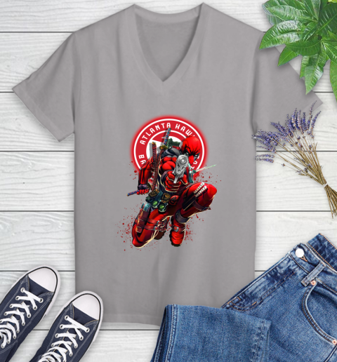NBA Deadpool Marvel Comics Sports Basketball Atlanta Hawks Women's V-Neck T-Shirt 4