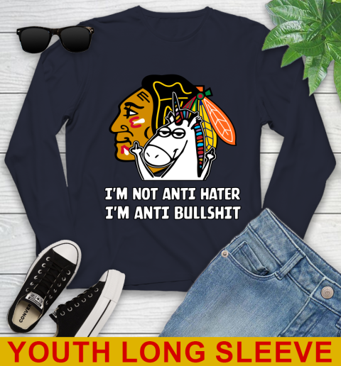 Chicago Blackhawks NHL Hockey Unicorn I'm Not Anti Hater I'm Anti Bullshit Youth Long Sleeve 3