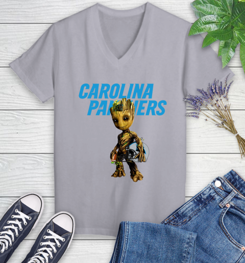 Carolina Panthers NFL Football Groot Marvel Guardians Of The Galaxy Women's V-Neck T-Shirt 4