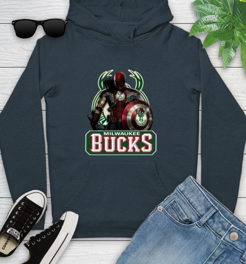 Milwaukee Bucks NBA Basketball Captain America Thor Spider Man Hawkeye Avengers Youth Hoodie 8
