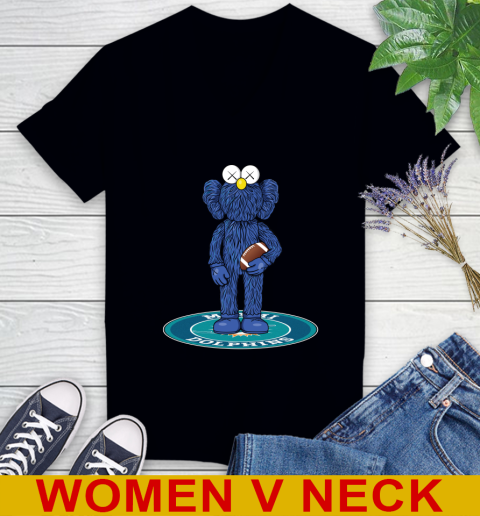 NFL Football Miami Dolphins Kaws Bff Blue Figure Shirt Women's V-Neck T-Shirt 2