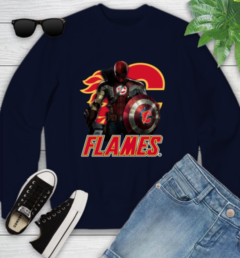 NHL Captain America Thor Spider Man Hawkeye Avengers Endgame Hockey Calgary Flames Youth Sweatshirt 3