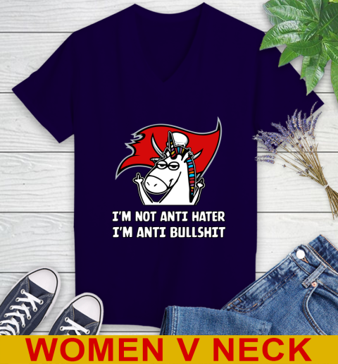Tampa Bay Buccaneers NFL Football Unicorn I'm Not Anti Hater I'm Anti Bullshit Women's V-Neck T-Shirt 4