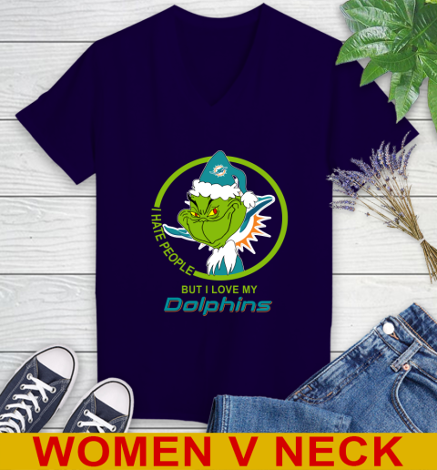Miami Dolphins NFL Christmas Grinch I Hate People But I Love My Favorite Football Team Women's V-Neck T-Shirt 4