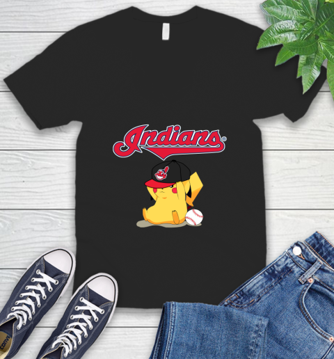 MLB Pikachu Baseball Sports Cleveland Indians V-Neck T-Shirt 2
