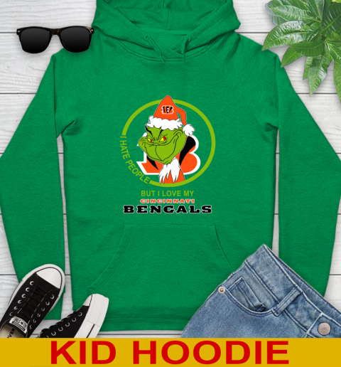 Cincinnati Bengals NFL Christmas Grinch I Hate People But I Love My Favorite Football Team Youth Hoodie 8