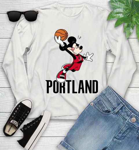 NBA Basketball Portland Trail Blazers Cheerful Mickey Mouse Shirt Youth Long Sleeve 12