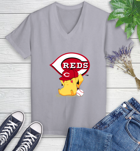 MLB Pikachu Baseball Sports Cincinnati Reds Women's V-Neck T-Shirt 4