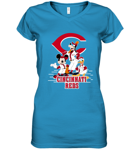 Cincinnati Reds Mickey Donald And Goofy Baseball Women's V-Neck T