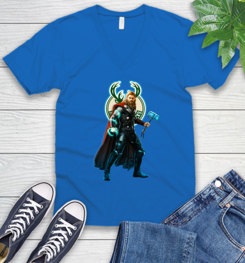 NBA Thor Avengers Endgame Basketball Milwaukee Bucks V-Neck T-Shirt 6