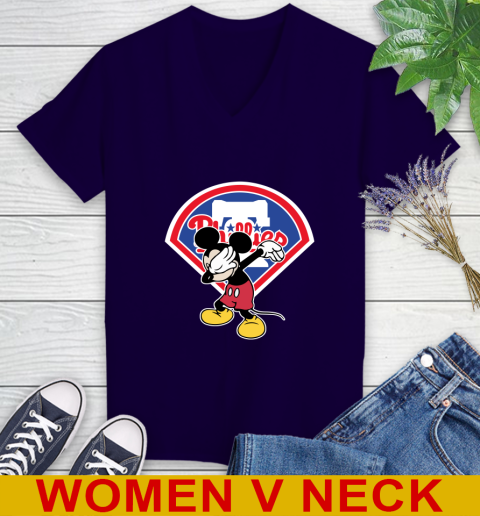 Philadelphia Phillies MLB Baseball Dabbing Mickey Disney Sports Women's V-Neck T-Shirt 4