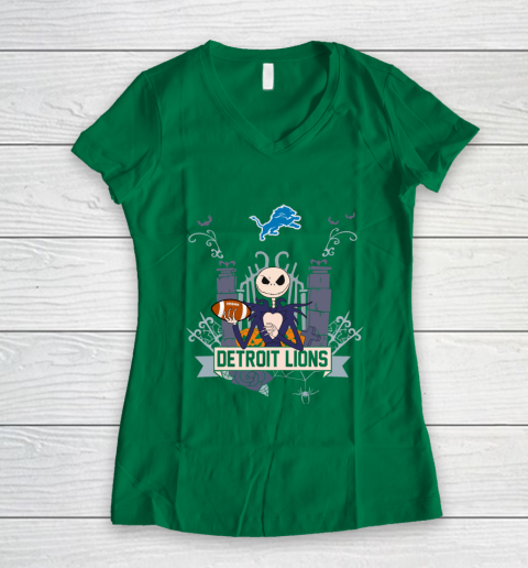 NFL Detroit Lions Football Jack Skellington Halloween Women's V-Neck T-Shirt 3