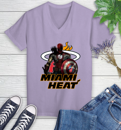 Miami Heat NBA Basketball Captain America Thor Spider Man Hawkeye Avengers Women's V-Neck T-Shirt 14