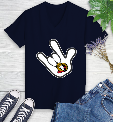 Ottawa Senators NHL Hockey Mickey Rock Hand Disney Women's V-Neck T-Shirt 3