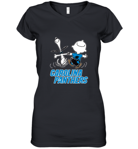 Snoopy And Charlie Brown Happy Carolina Panthers Fans Women's V-Neck T-Shirt