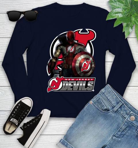 NHL Captain America Thor Spider Man Hawkeye Avengers Endgame Hockey New Jersey Devils Youth Long Sleeve 3