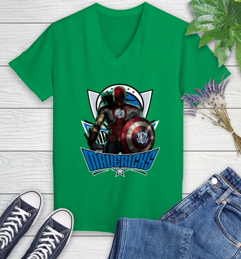 Dallas Mavericks NBA Basketball Captain America Thor Spider Man Hawkeye Avengers Women's V-Neck T-Shirt 5