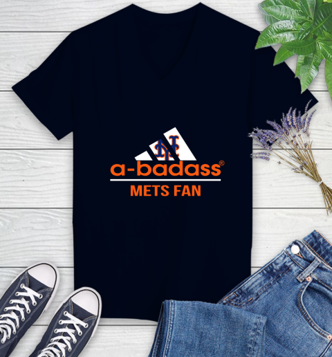 MLB A Badass New York Mets Fan Adidas Baseball Sports Women's V-Neck T-Shirt 2