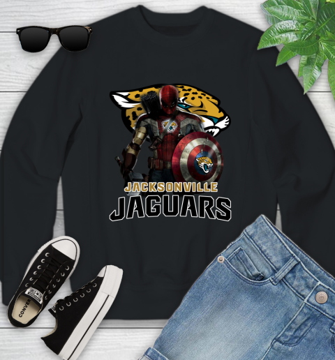 NFL Captain America Thor Spider Man Hawkeye Avengers Endgame Football Jacksonville Jaguars Youth Sweatshirt 2
