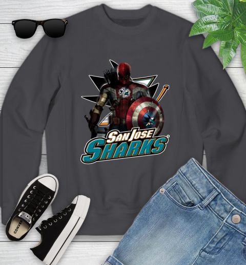 NHL Captain America Thor Spider Man Hawkeye Avengers Endgame Hockey San Jose Sharks Youth Sweatshirt 6