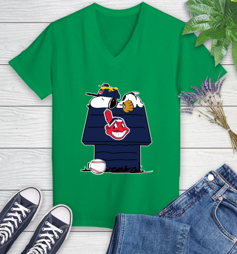 MLB Cleveland Indians Snoopy Woodstock The Peanuts Movie Baseball T Shirt Women's V-Neck T-Shirt 5