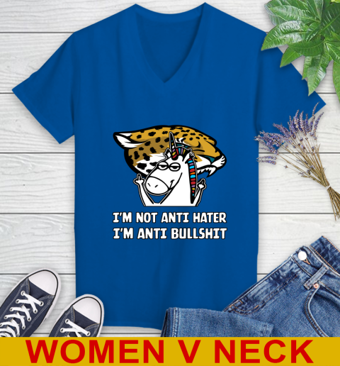 Jacksonville Jaguars NFL Football Unicorn I'm Not Anti Hater I'm Anti Bullshit Women's V-Neck T-Shirt 11
