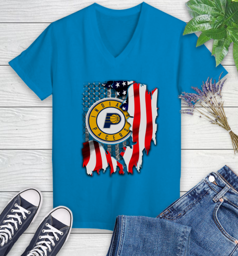Indiana Pacers NBA Basketball American Flag Women's V-Neck T-Shirt 7