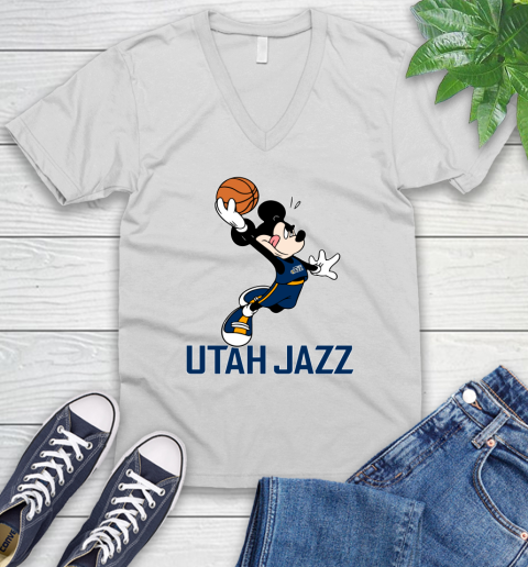 NBA Basketball Utah Jazz Cheerful Mickey Mouse Shirt V-Neck T-Shirt 2
