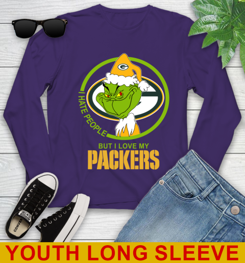 Green Bay Packers NFL Christmas Grinch I Hate People But I Love My Favorite Football Team Youth Long Sleeve 5