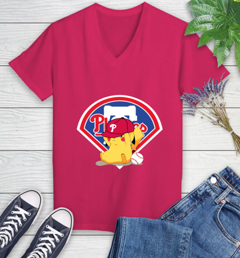 MLB Pikachu Baseball Sports Philadelphia Phillies Women's V-Neck T-Shirt 9